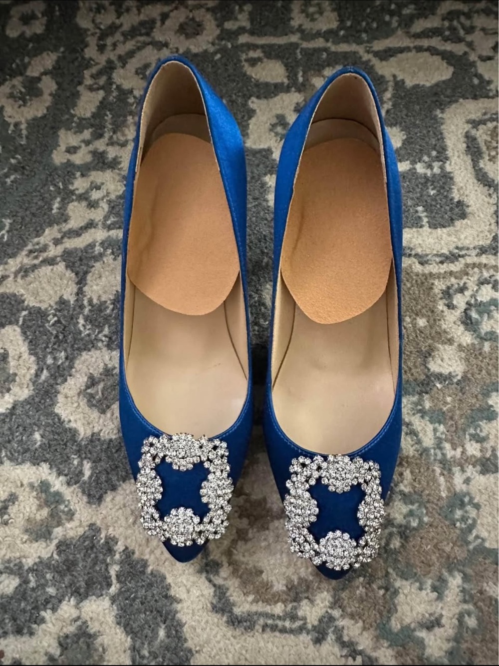 Elegant Blue Satin Pointed Toe  with Crystal Buckle